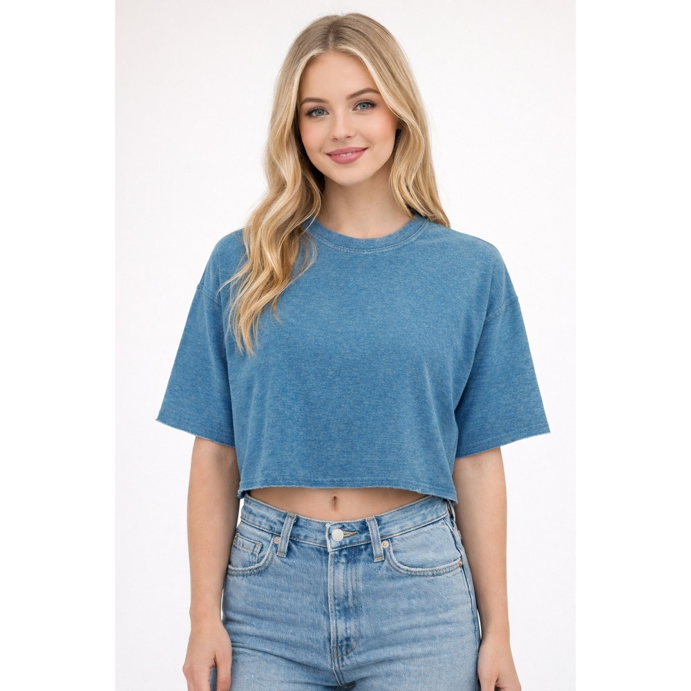 Retrofox Blue Crop‎ Sweatshirt Boxy Raw Hem Distressed Vibes Large Funky